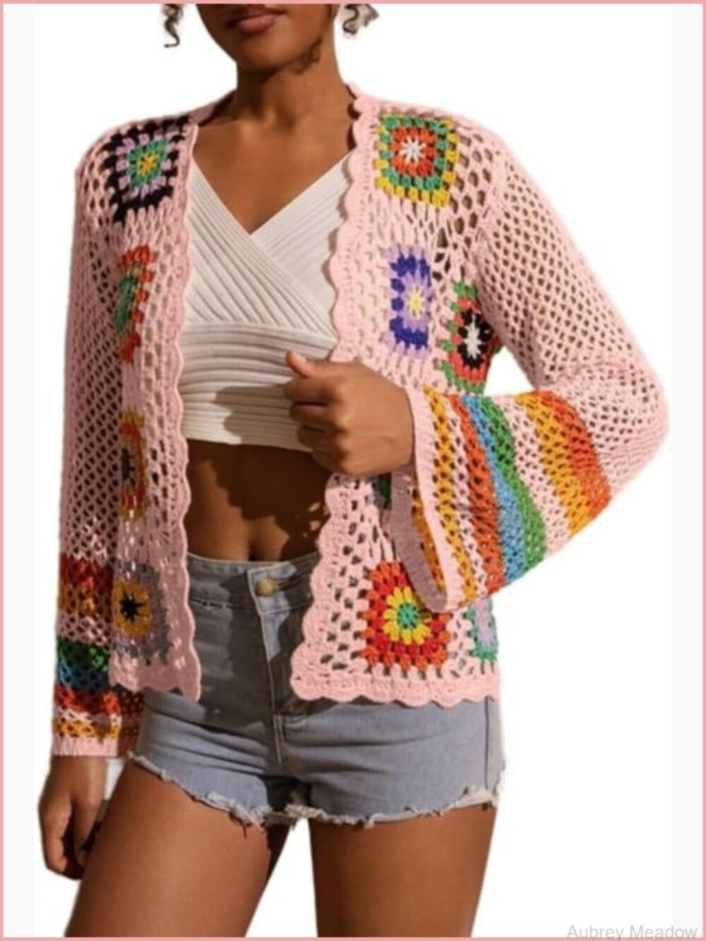 Crochet Granny Square Cardigan Open Front Boho Knit Sweater